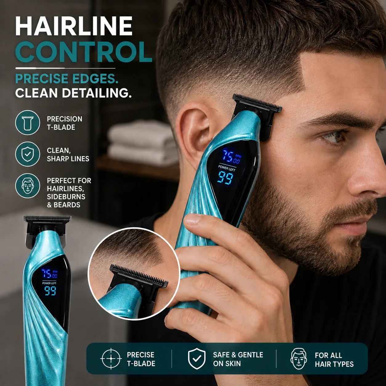 Streamlined Body, Smart Digital Display, Electric Hair Clipper, Four-Level 1/3/5/7 mm Guide Combs, Type-C Fast Charging Interface, Included Cleaning Brush, Silent Powerful Motor, T-Shaped Precision Carving Blade, Suita