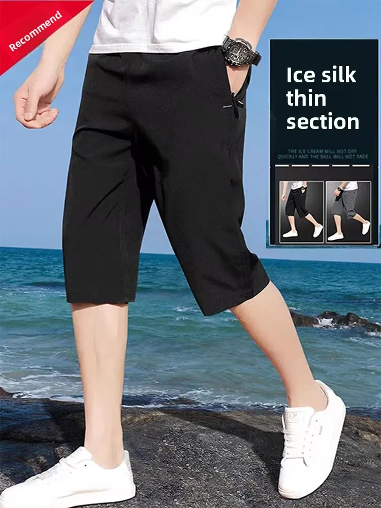 

Men's Casual Ice Silk Qui Dry Thin Spor Beach Pants Seven-Foot Length Loose Large Size Over-Knee Mid-Pants Summer Wear