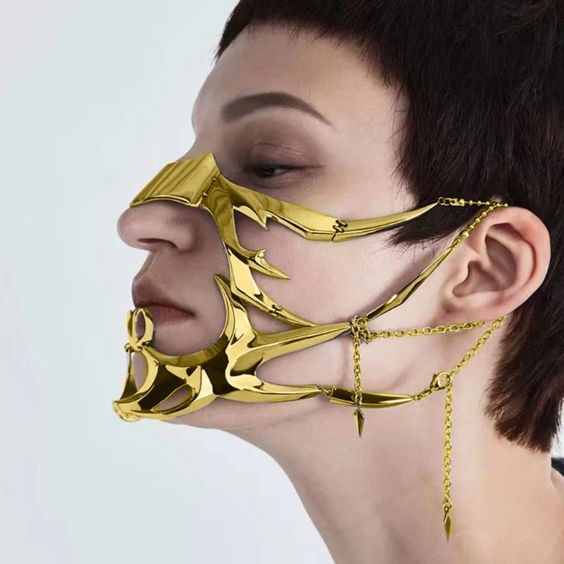 Irregular Metal Mask Hollow Face Decoration Mechanical Alien Fluid Face Accessories Halloween Masquerade Party Jewelry