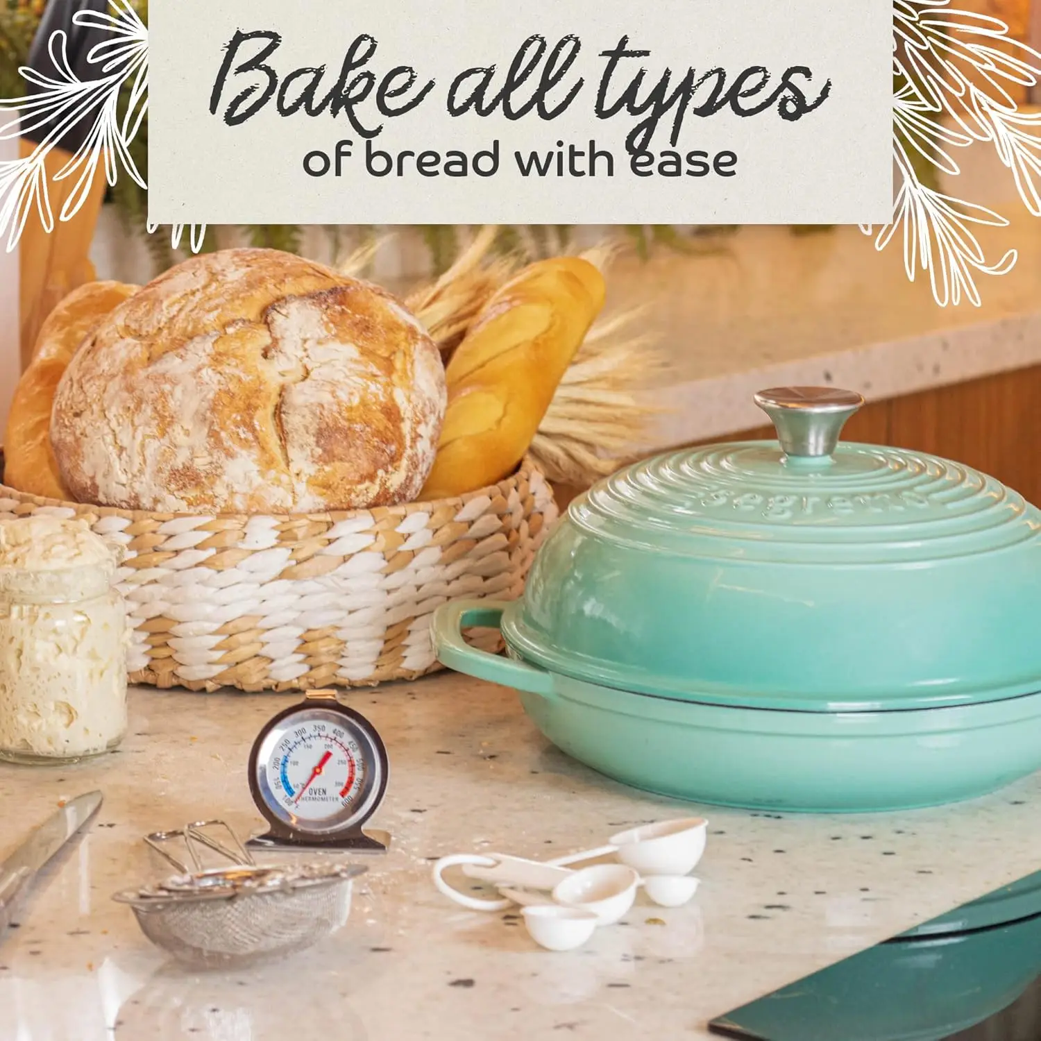 مقلاة خبز من الحديد الزهر المطلي بالمينا مع غطاء مقاس 11 بوصة فرن خبز أخضر مقلاة خبز من الحديد الزهر، فرن هولندي للخبز، بدون توابل