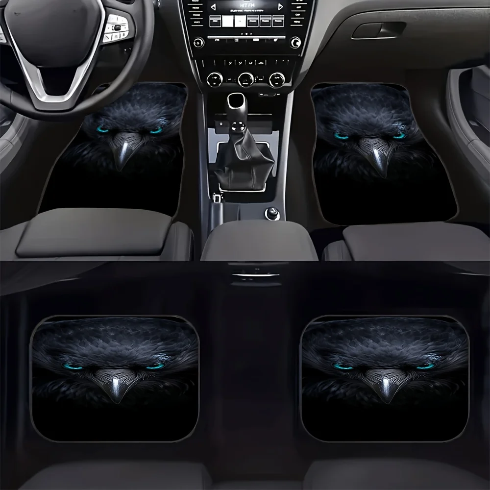 4pcs Raven Gaze Pattern Car Mats Set, Universal And Dustproof Front& Rear Floor Mats With Deep Blue Eye Black Feather Crow Print