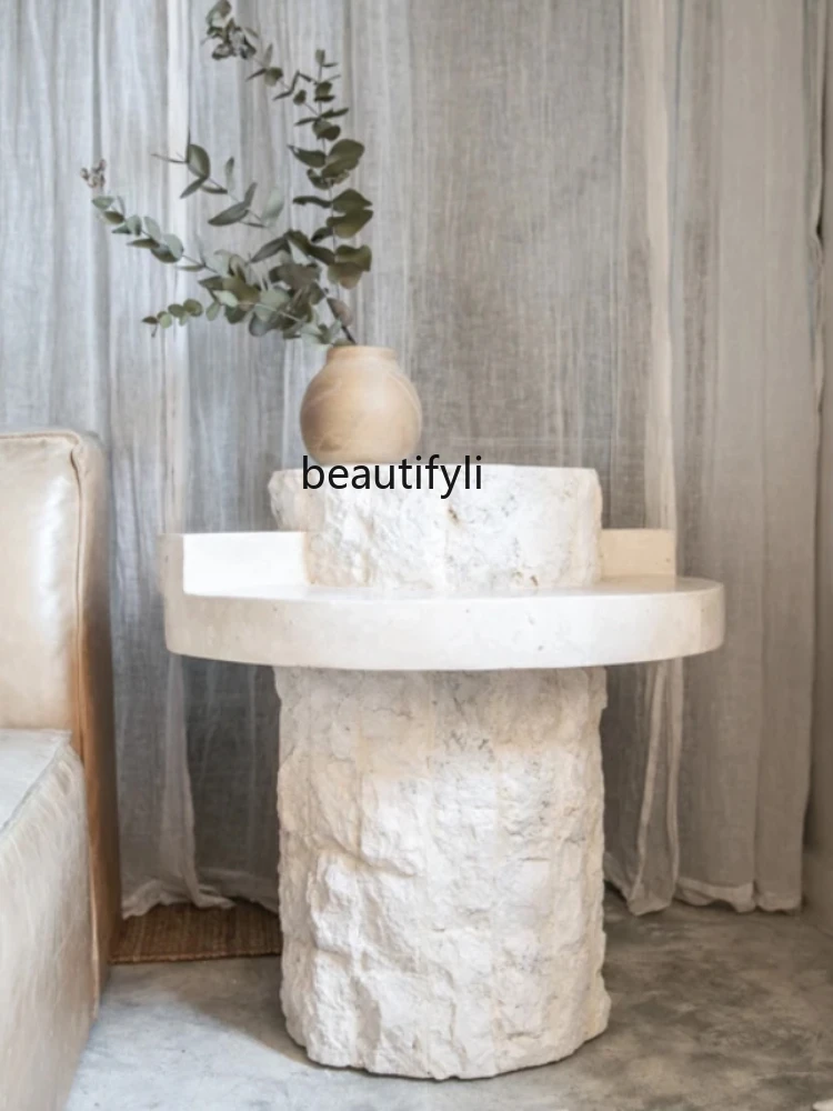 yj High-End Model House Natural Yellow Cave Stone Tea Table Personality Broken Marble Sofa Side Table