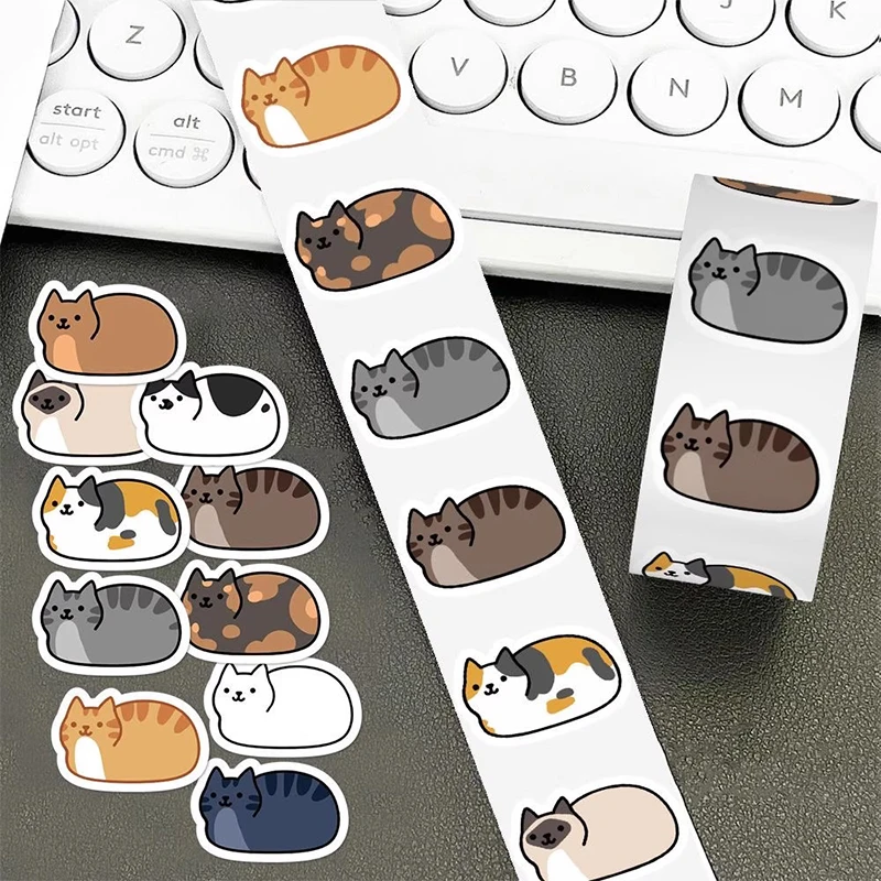 

500PCS Kawaii Cartoon Cat Tuo Tuo Roll Stickers, Waterproof Animal Cat Skateboard Laptop Luggage Skateboard Phone Sticker Gift