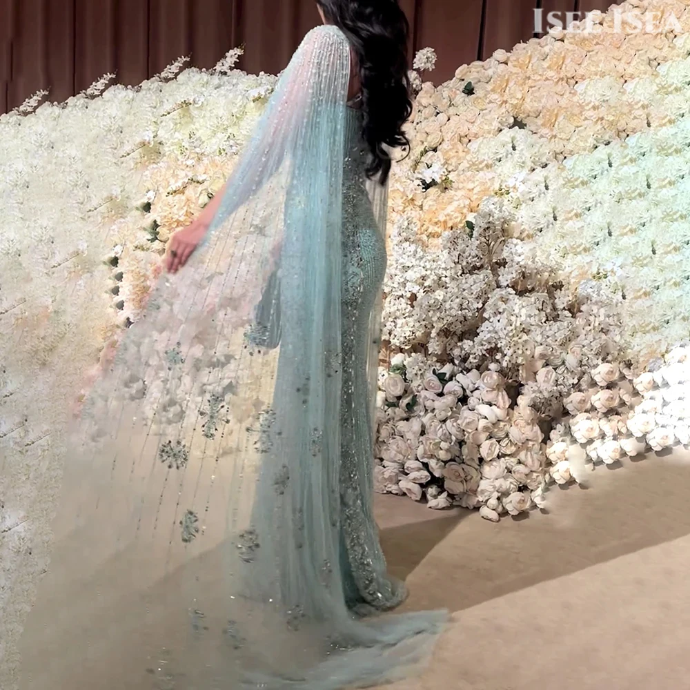 Vestido de noche de lujo con mangas tipo capa, vestido de noche de lujo con cuentas, vestido de fiesta de boda de sirena de Dubái, vestidos de fiesta personalizados