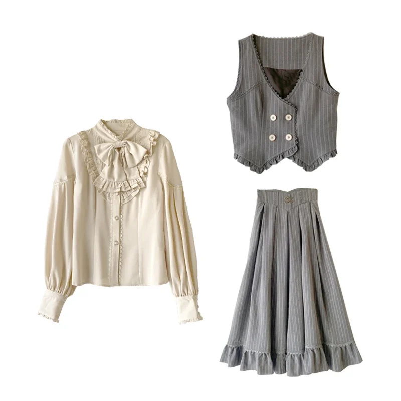 French Vintage Court Style Bow Long-Sleeved Shirts Top 2024 Autumn New Fashion Round Neck Elegant Slim-fit Blouse Vests Skirts