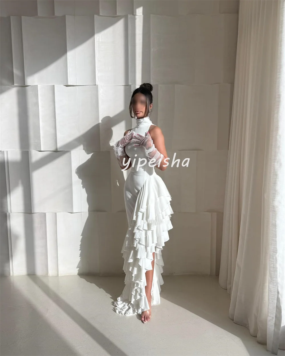 Customized Modern Style Pastrol Chiffon Ruched Ruffle Tiered Mermaid Scoop Neck Long Dresses Bespoke Occasion Dresses Exquisite image 2