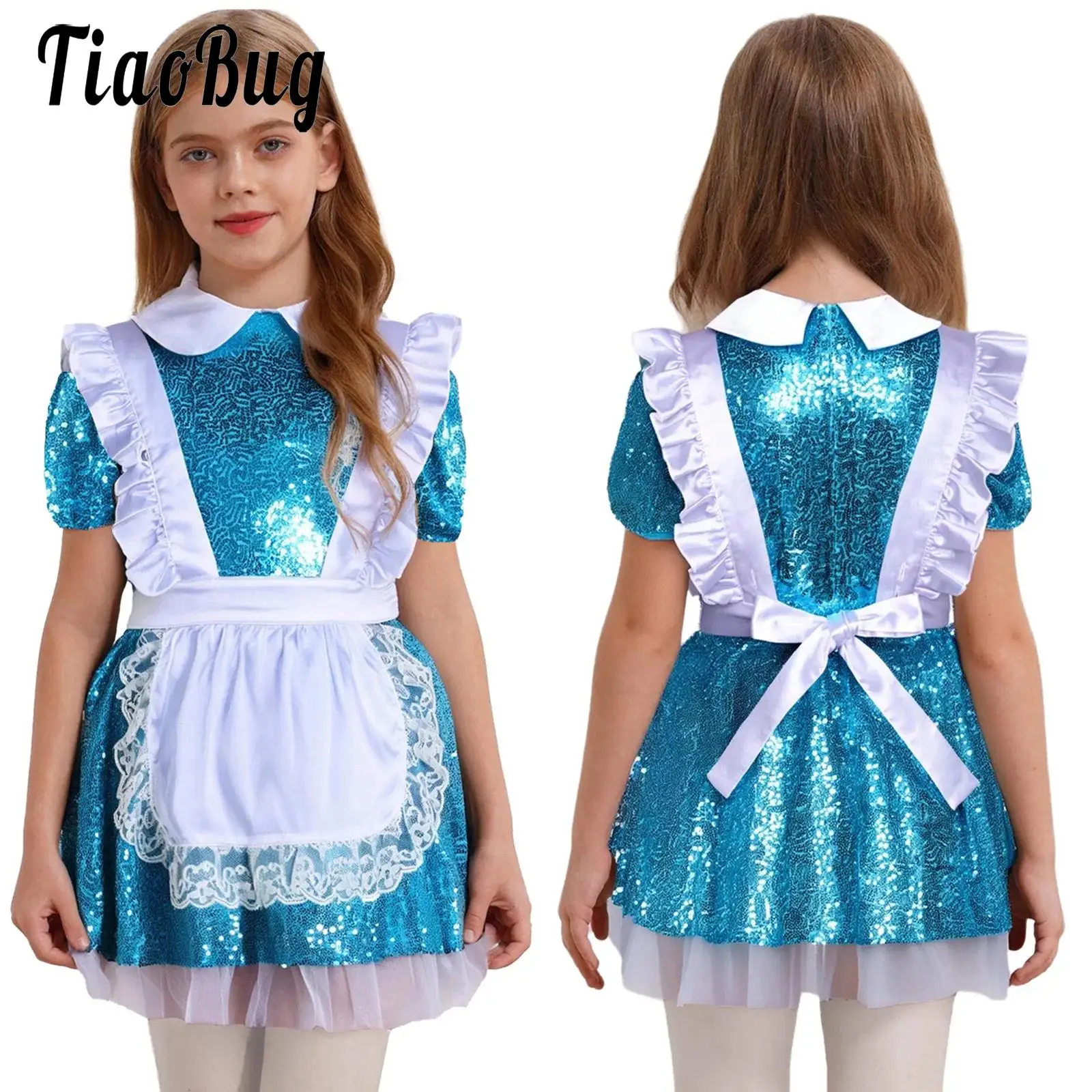 

Kids Girls Wonderland Princess Costume Halloween Role Play Dresses Shiny Sequin Short Sleeve Tulle Dress and Lace Ruffled Apron