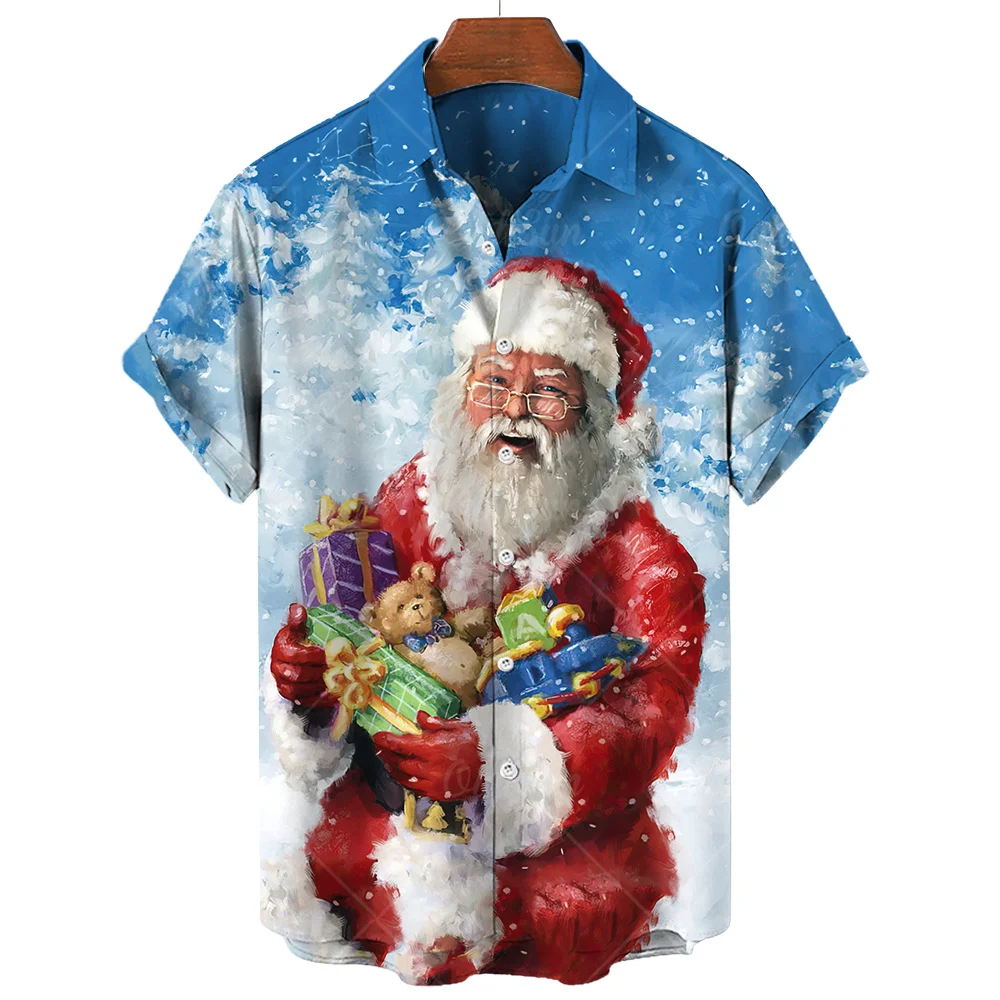 2024 New Year Christmas Pattern Popular Hawaiian Men\'S Shirt Short Sleeved Summer Element 3d Printed Fashion Casual Loose Tops