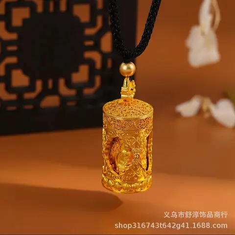 Fade Resistant Gold Plated Thai Four Face Buddha Charm Prayer Wheel Pendant Braided Adjustable Necklace Vintage Buddhist Amulet