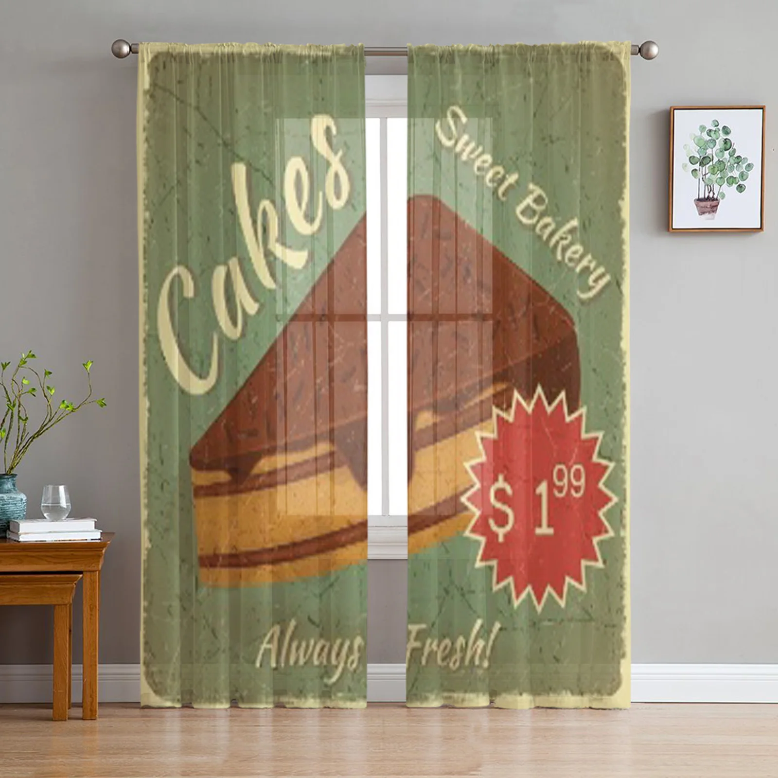 Retro Menu Card With Slice Of Cake On Vintage Chiffon Sheer Curtains for Living Room Bedroom Window Voiles Tulle Curtain