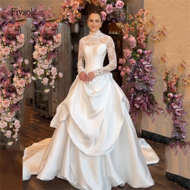 

Fivsole Opulent Lace High Neck Wedding Dress Long Sleeves Tiered Bride Gowns Floor Length Wedding Dress 웨딩드레스 Customized