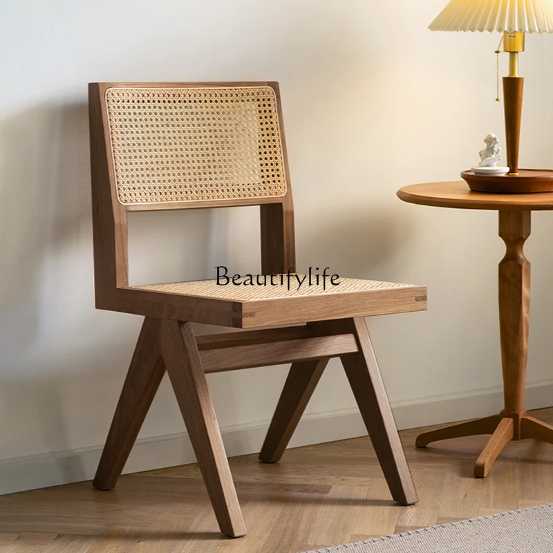 Wabi Sandy Wind Solid Wood Rattan Dining Chair Household Nordic Leisure Rattan Chair