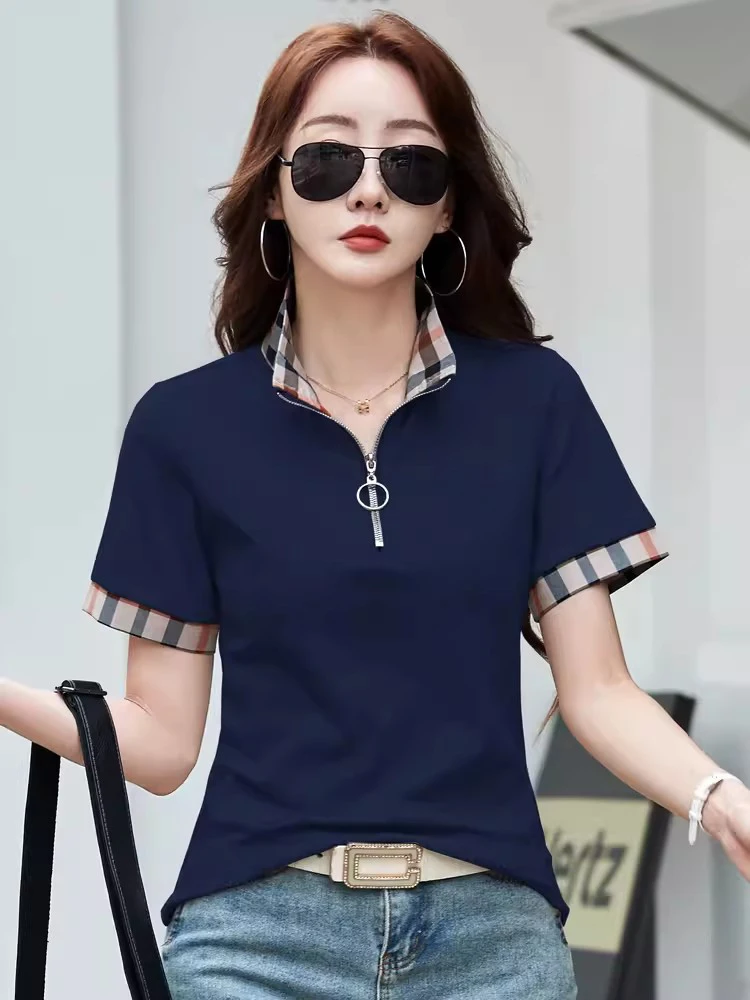 New Women Summer Cotton Polo T-shirt Fashion Button Plaid Turn-down Collar Short Sleeve Slim T-shirt Simplicity Casual Tees Tops