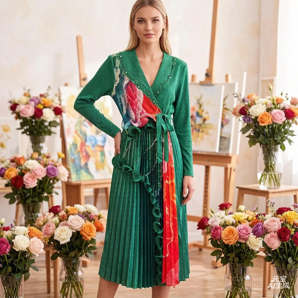 

Плиссированное платье Miyake с воротником, бисерным принтом и оборками, элегантное, с завязками на талии, имитация двух частей, плиссированная юбка