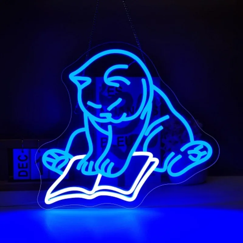 Cat Reading Book Neon Sign for Wall Decor Cute Cat Led Signs for Library Neon Lights for Classroom Reading Cafe