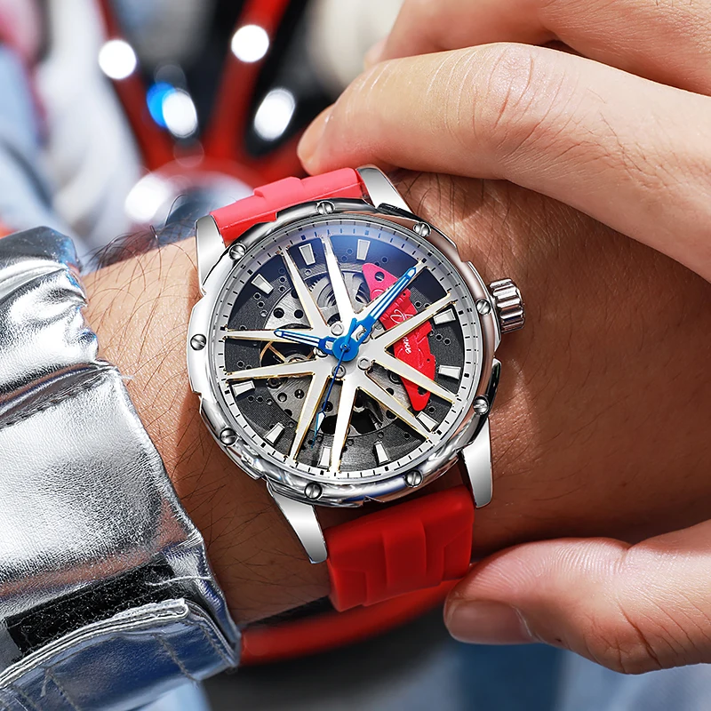 Dulunwe Men Racing Skeleton Automatic Mechanical Watch Red Silicone Band Luminous Waterproof Sport Wristwatch
