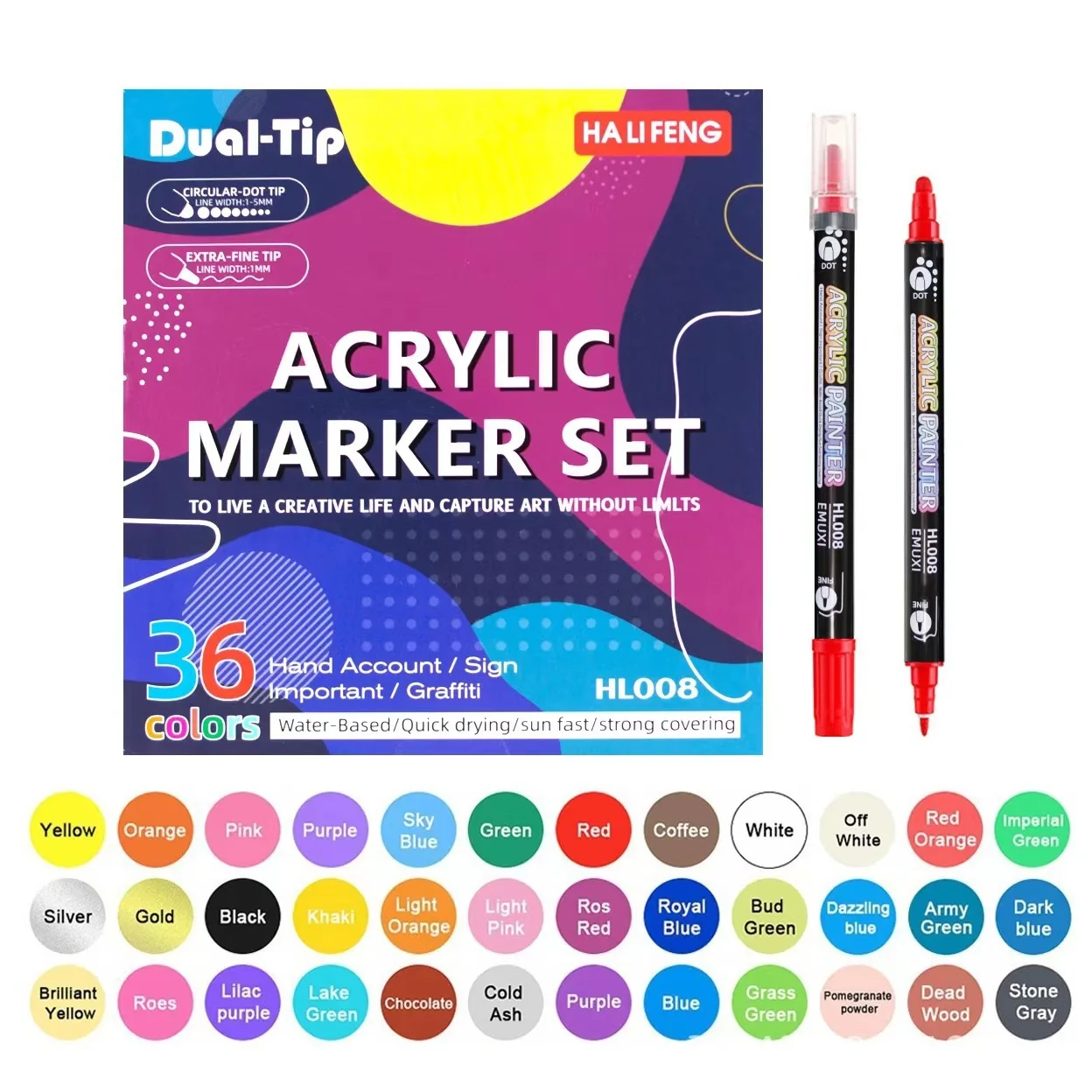 

12/24/36/48 Color Double-head Acrylic Marker Pen Soft Head Opaque Children's Paintbrush Graffiti Watercolor Pen Set
