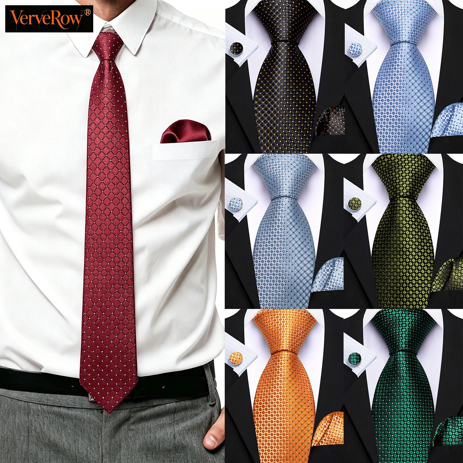 Two-Tone Mini Square Grid Men Tie Set Woven Necktie Handkerchief Cufflink Plaid Formal Suit Accessory for Wedding Business Party