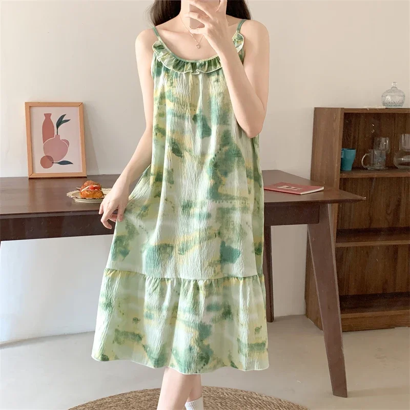 Summer Nightgowns Women Gentle Tie Dye Casual Sweet Ruffles Design Sleepwear Home Chinese Style Aesthetic Sleeveless Loungewear