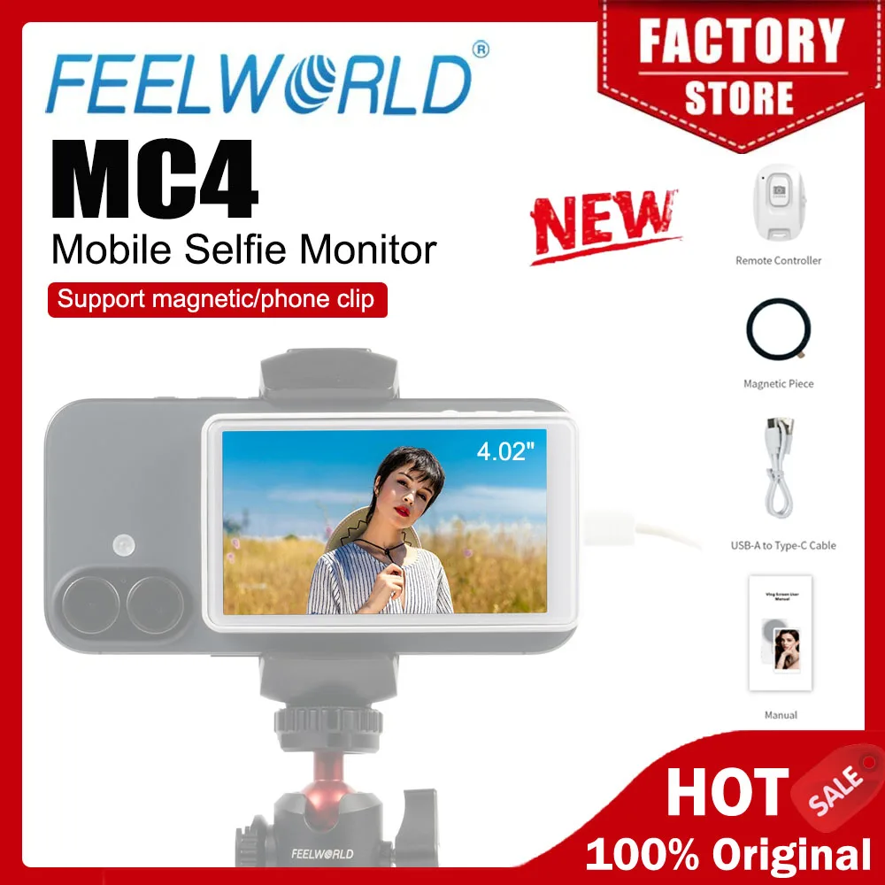 

Монитор FEELWORLD MC4 для селфи и видеоблогов с магнитным креплением, беспроводным подключением и пультом дистанционного управления Bluetooth.