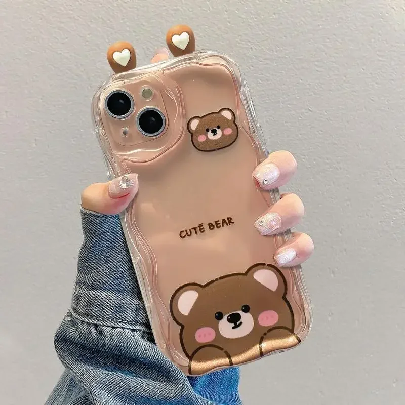 3D Ear Cute Animals Bear New Phone Case For Samsung Galaxy S25 S24 S23 S21 S20 FE Plus Ultra 4G 5G 3D Wave Soft TPU Back Cover