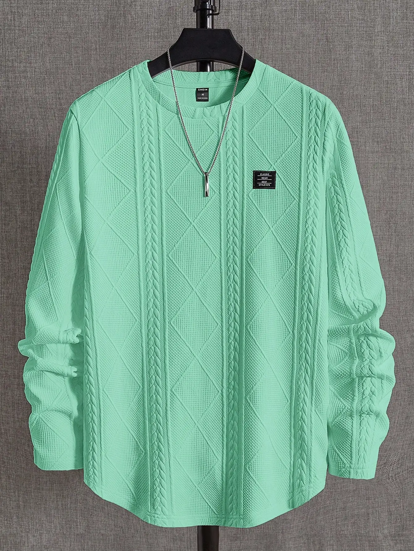 

Мужская мятно-зеленая фактурная трикотажная футболка с длинным рукавом и узором косы, повседневный топ с круглым вырезом для весны и осени