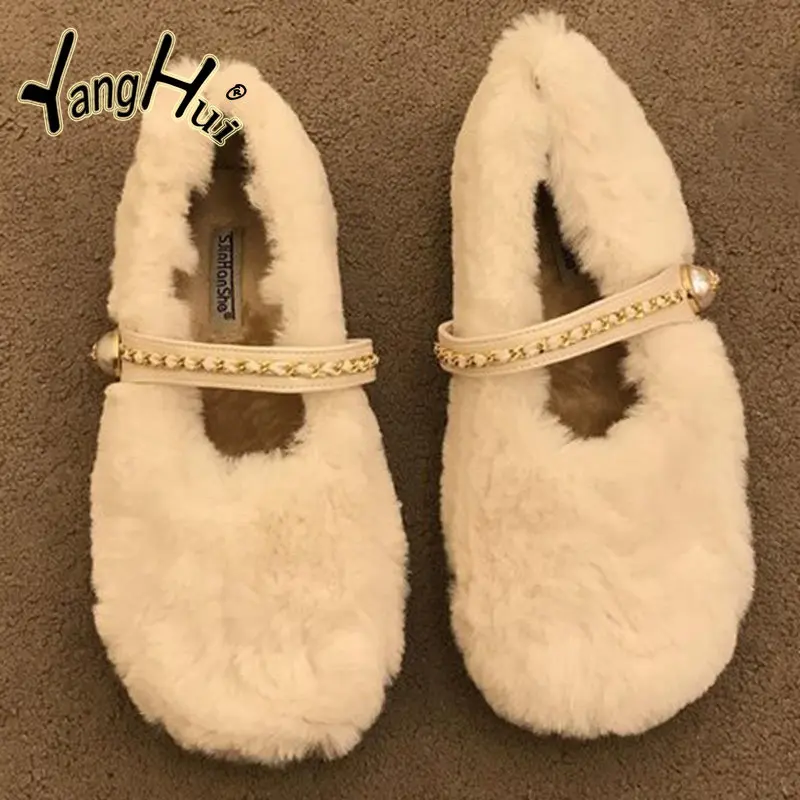 Plush Shoes Keep Warm Soft Cross Fluffy Women\'s Concise Casual Gray Flats Bottom Mary Janes Shoes 2023 New Fashion Winter