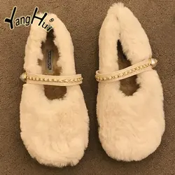 Plush Shoes Keep Warm Soft Cross Fluffy Women's Concise Casual Gray Flats Bottom Mary Janes Shoes 2023 New Fashion Winter