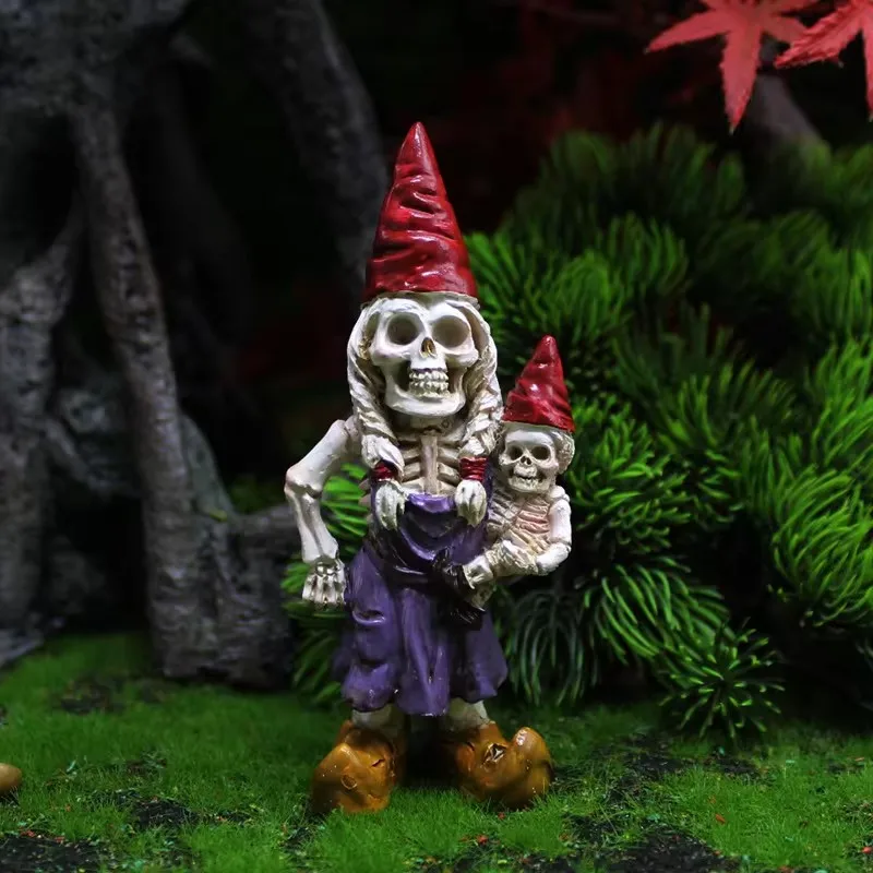 Cute Mini Funny Skull Gnome Resin Skeleton Dwarfs Family Statue DIY Bonsai Decoration For Desk Halloween Sculpture Dropshipping