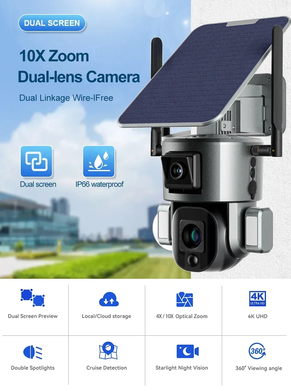 屋外ソーラー監視カメラ,wifi,PTZ,自動追跡,cctv,デュアルレンズ,4k,IP,10倍光学ズーム,8mp,4g sim