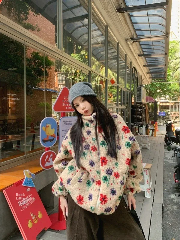 

plus Size Women's Vintage Floral Lamb Fur Jacket Winter New Style Stand Collar Loose Slimming Casual Warm Cotton Coat