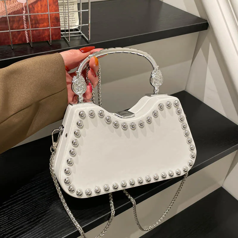 Luxury Designer Chain Metal handle Rivet PU Leather Women's Handbag Retro Crossbody Bag Diamond Clutch Bag for Party