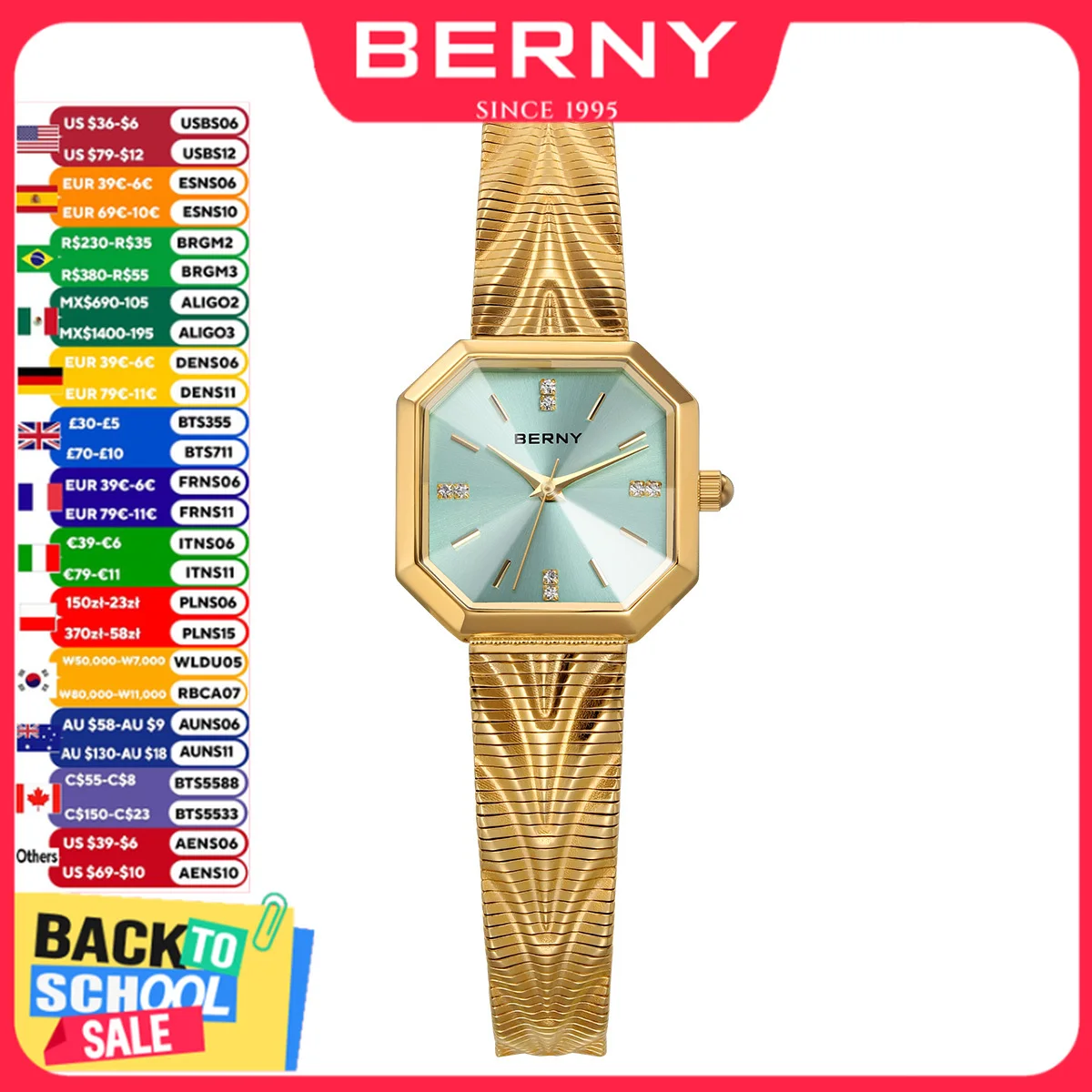 BERNY Gold Watch For Women Octagonal Ladies Quartz Wristwatch Stainless Steel Women Ice Blue Small Golden Watch Luxury Watches