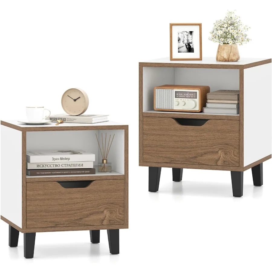 

Mid Century Modern Nightstand Set of 2 Wooden Bedside Tables with Drawer and Open Shelf 3Tier Design Featuring Natural Wood Gra