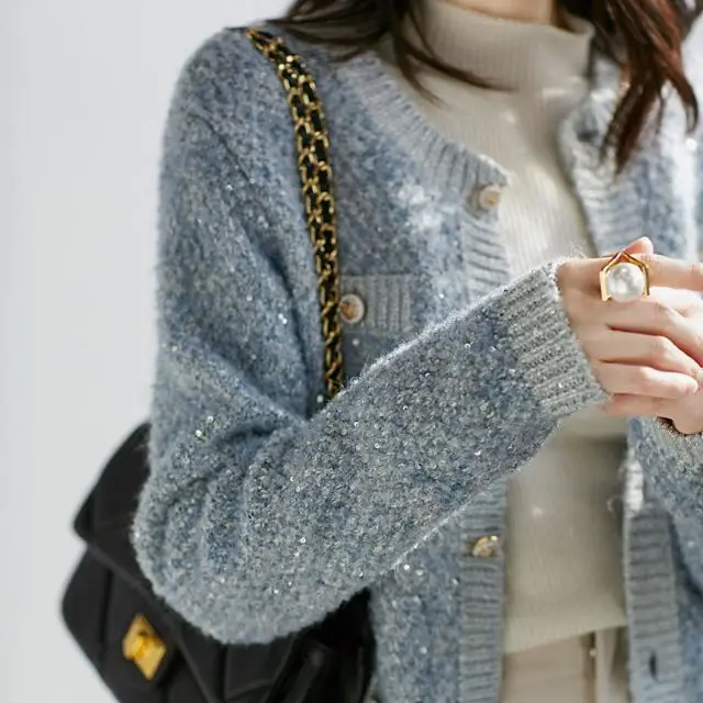 KUSAHIKI Fashion Sequins Sweater Women Cardigan 2023 Causal Long Sleeve O-neck Knitwear Korean Elegant Hit Color Knitted Jacket