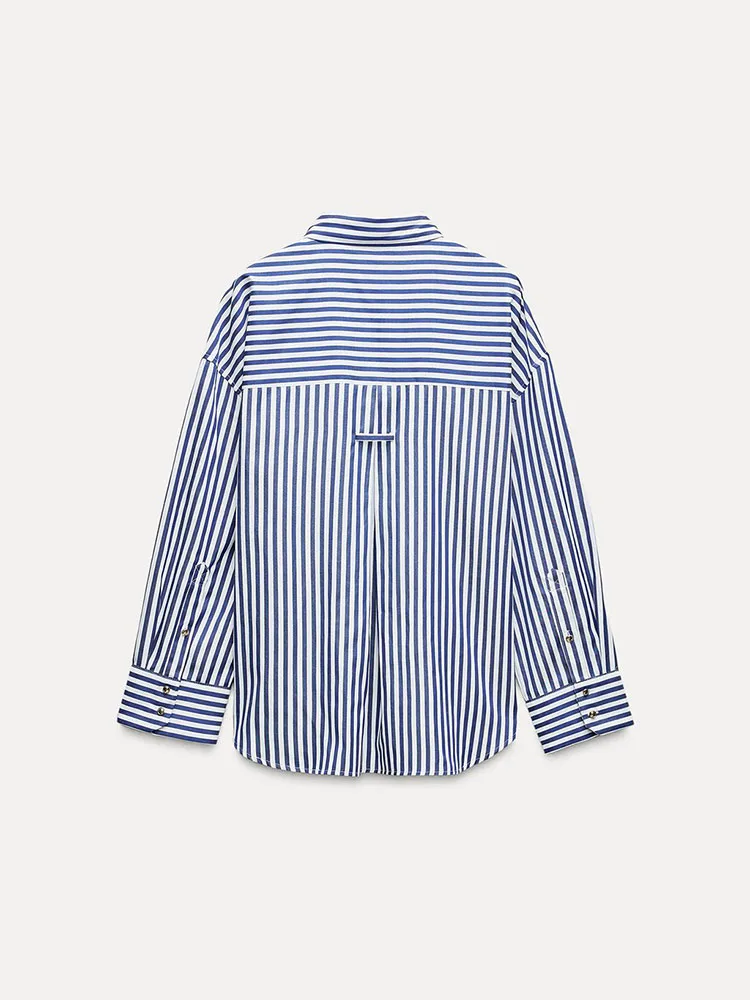 เสื้อผู้หญิงลำลองลายทาง แขนยาว คอปก สไตล์ใหม่สำหรับฤดูใบไม้ร่วง สีเมทัลลิก ทรงตรง ใส่ได้หลากหลาย ป้องกันรังสียูวี เนื้อผ้าบางเบา