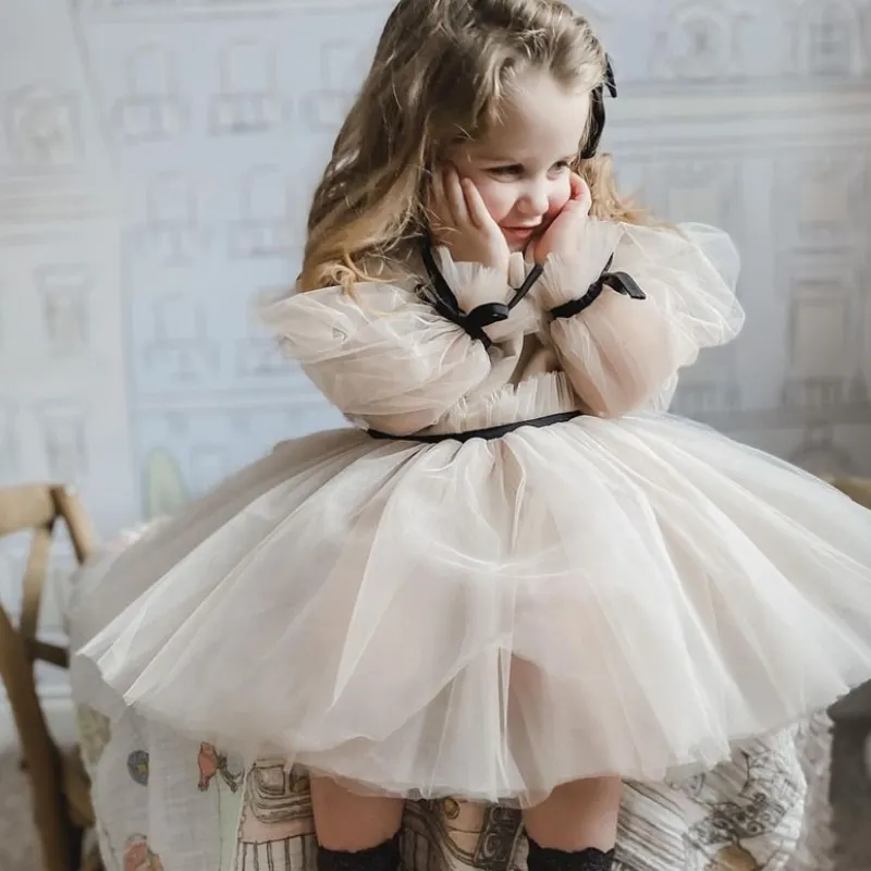 Baby Girl Princess Off Shoulder Tutu Dress Long Sleeve Child Vintage Gauze Tulle Vestido Party Wedding Birthday Frocks 1-14Y