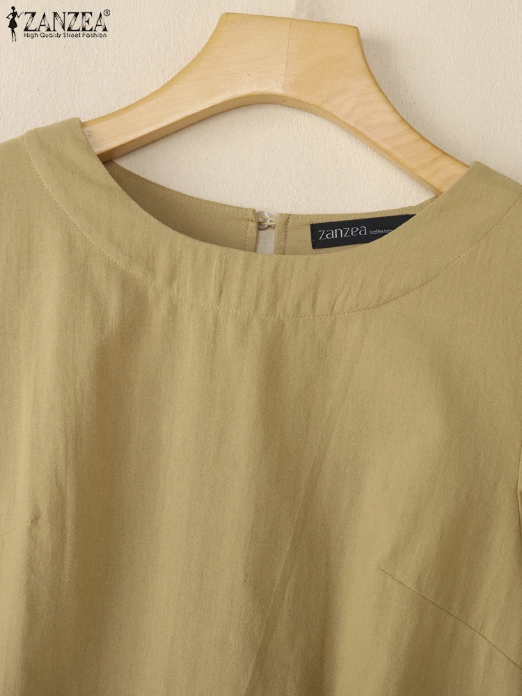 ZANZEA 2025 가을 패션 코튼 린넨 블라우스 여성 캐주얼 라운드 넥 3/4 슬리브 통기성 Blusas Mujer Solid Tops