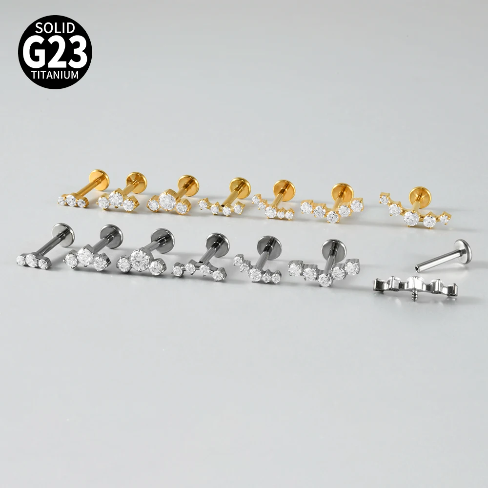 1PC G23 Titanium Clear CZ Gem Labret & Lip Stud Internal Thread Curved Tragus Cartilage Helix Earrings Body Piercing Jewelry 16G