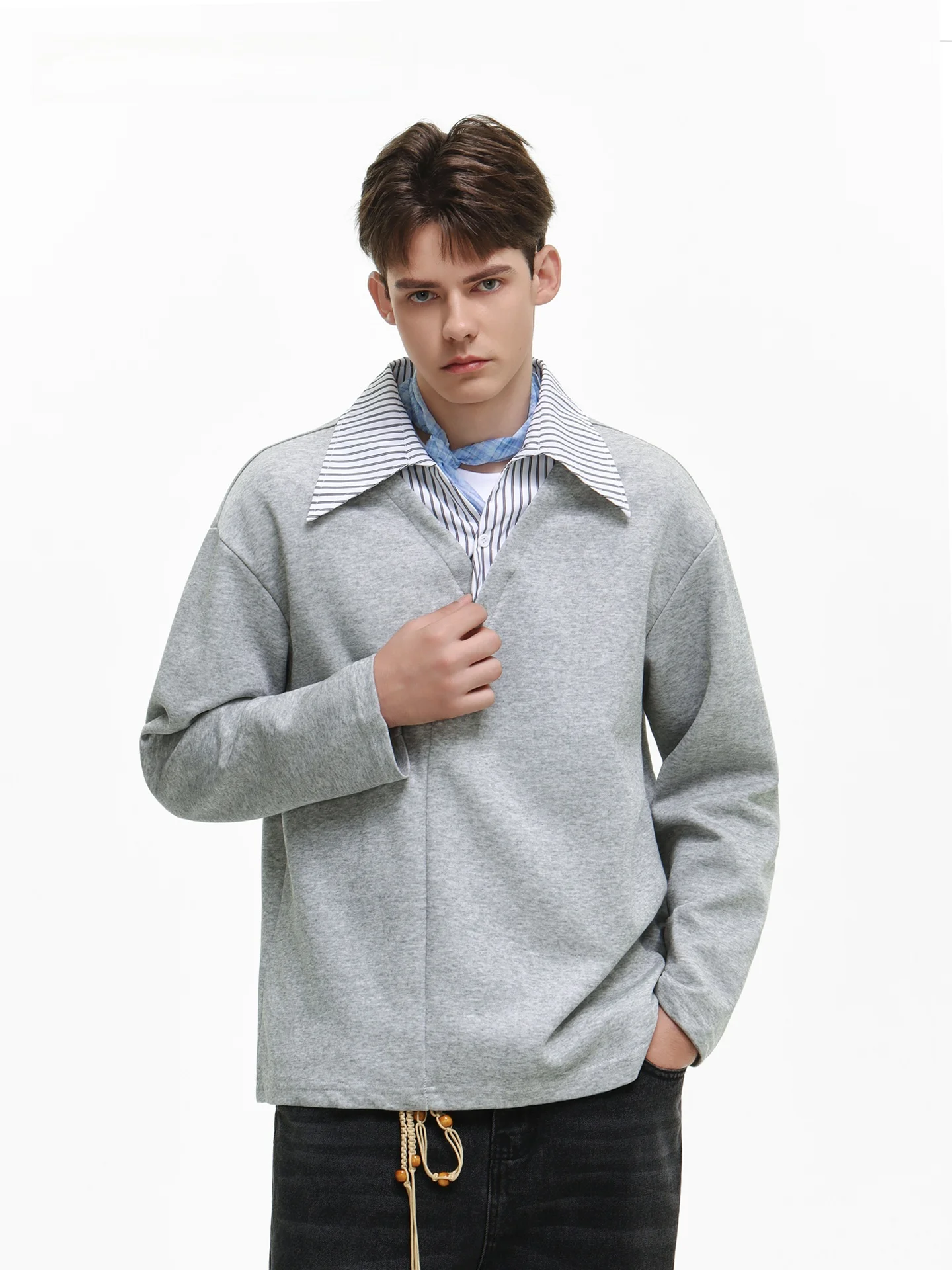 SDMADE American Retro Striped Fake Two-Piece Collared Loose Casual Long Sleeve for Men And Women Autumn Season Comfortable Fit