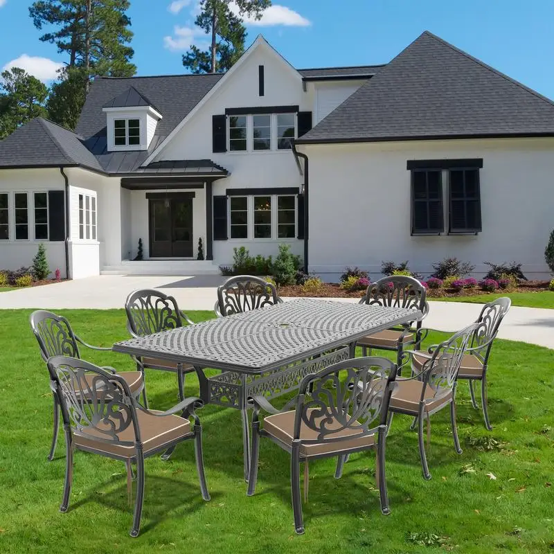 

9-Piece Cast Aluminum Patio Furniture Set with Brown Cushions for Outdoor Living