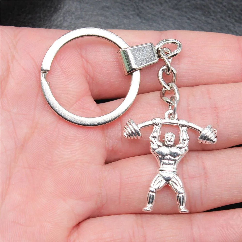 Keychain Holder Vintage Handmade Antique Silver Color 30x28mm Weightlifter Pendant Keyring