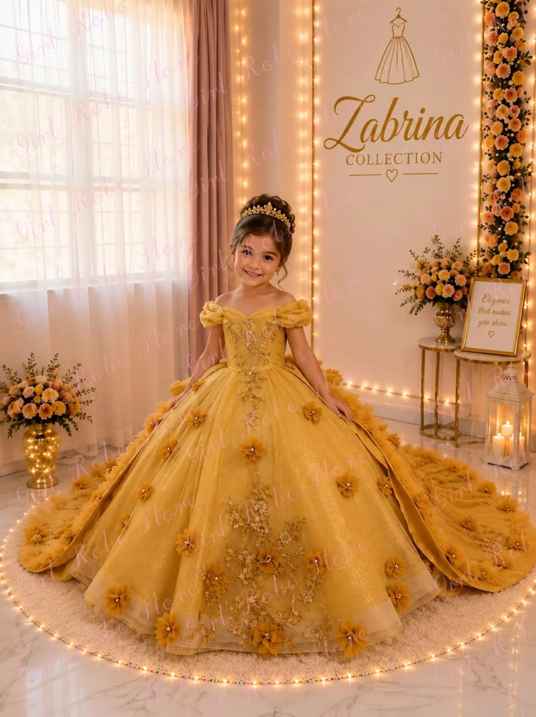Gorgeous Yellow Flower Girl Dress Layered 3D Floral Appliques Elegant Princess Birthday Pageant Quinceanera Ball Gown Customized