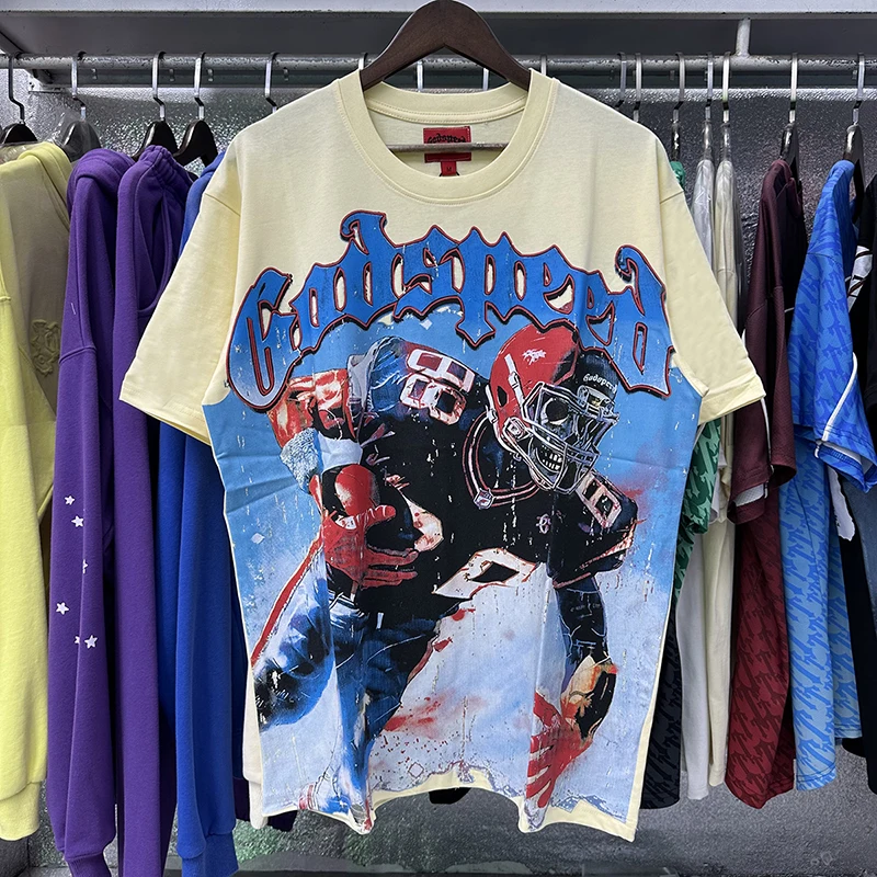 

American High Street GOD SPEED Short Sleeve Real Photo Men Women Trend Rugby Player Print Godspeed Loose T-shirt Tops