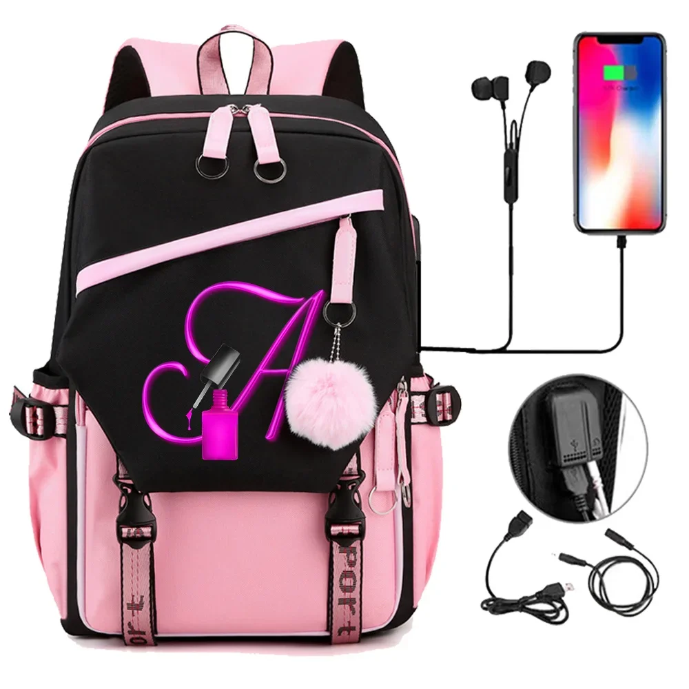 

Kawaii Backpack School Bag for Teenage Girls 26 Alphabet Nail Polish Cute Satchels Schoolbag Usb Port Laptop Travel Knapsack Bag