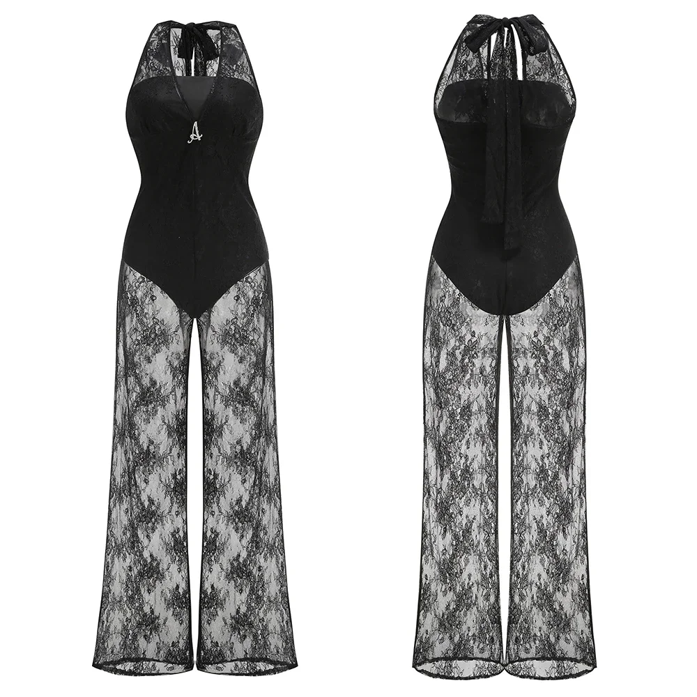 

Lace Spliced Floral See Through Wide Leg Rompers Women's Sexy Off Shoulder Sleeveless Jumpsuit Translucent Black Female Clothing