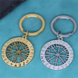 Stainless Steel 12 Constellation Viking Rune Compass Vegvisir Hollow Round Pendant Keychain For Men Retro Nordic Amulet Jewelry