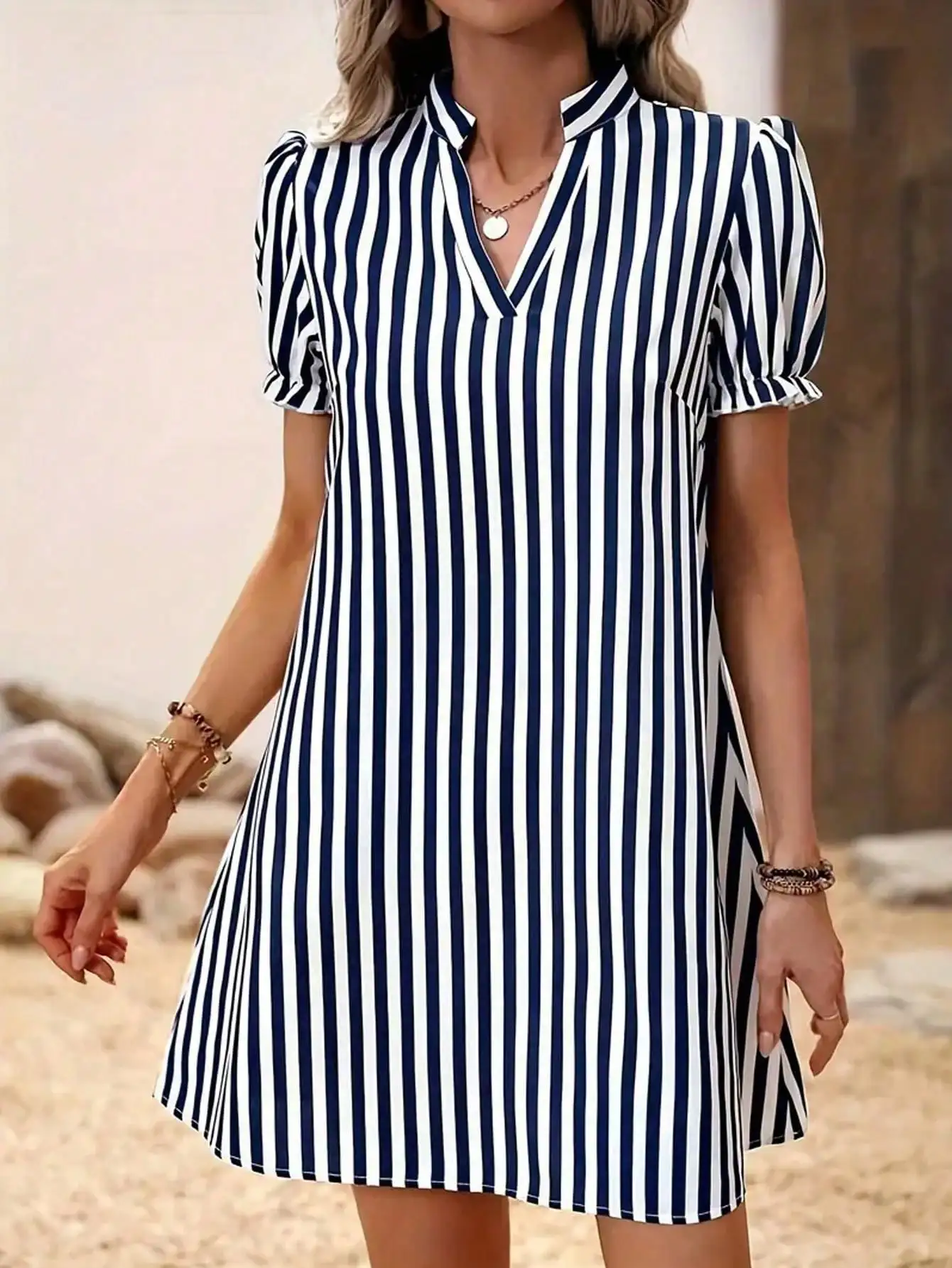 Women's striped printed flared skirt, plus size short-sleeved casual simple printed dress