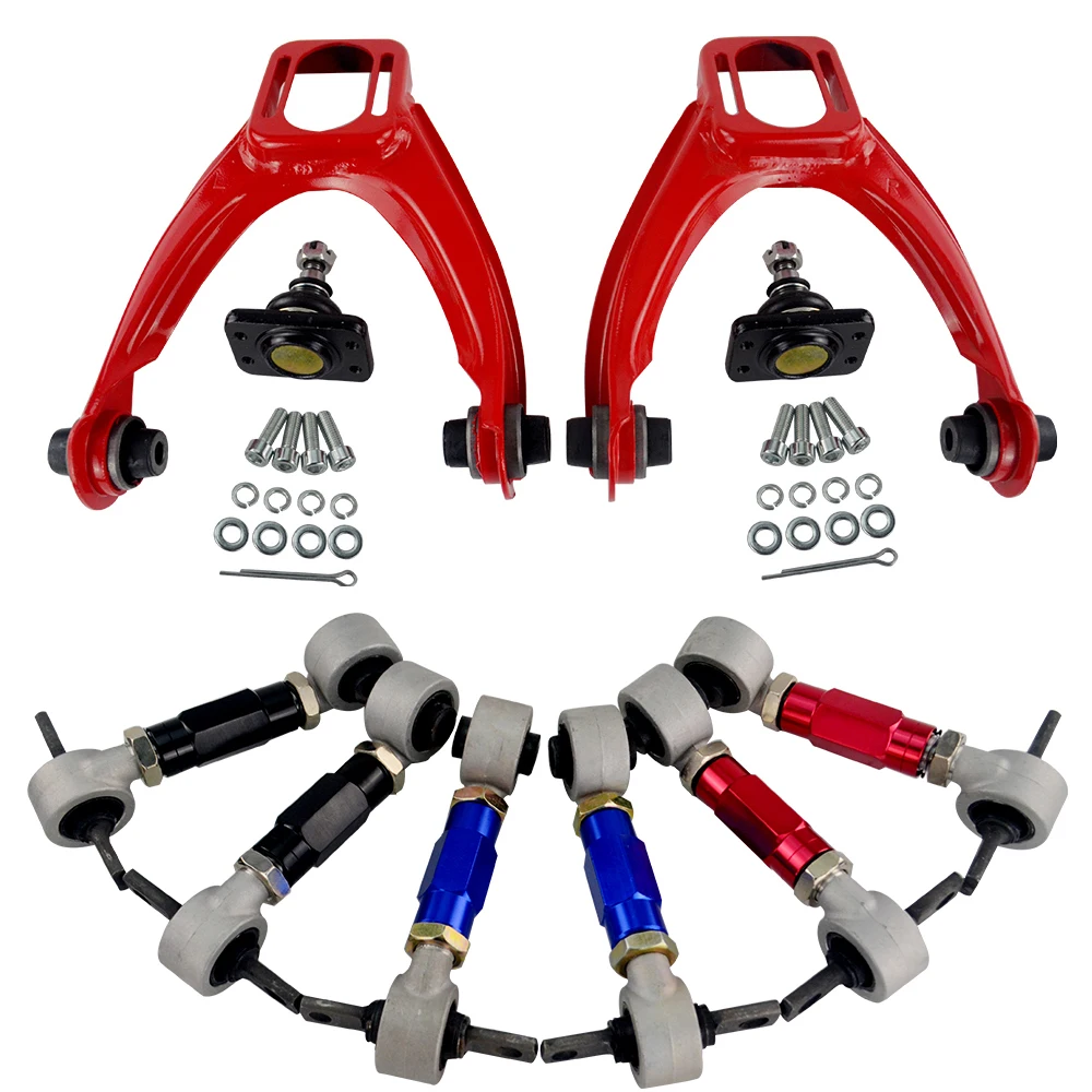 PQY - FRONT UPPER CONTROL ARM TUBE CAMBER KIT  FOR 96-00 CIVIC  LX DX EK EJ TUBULAR + 92-00 Adjustable Rear Camber Arms RED