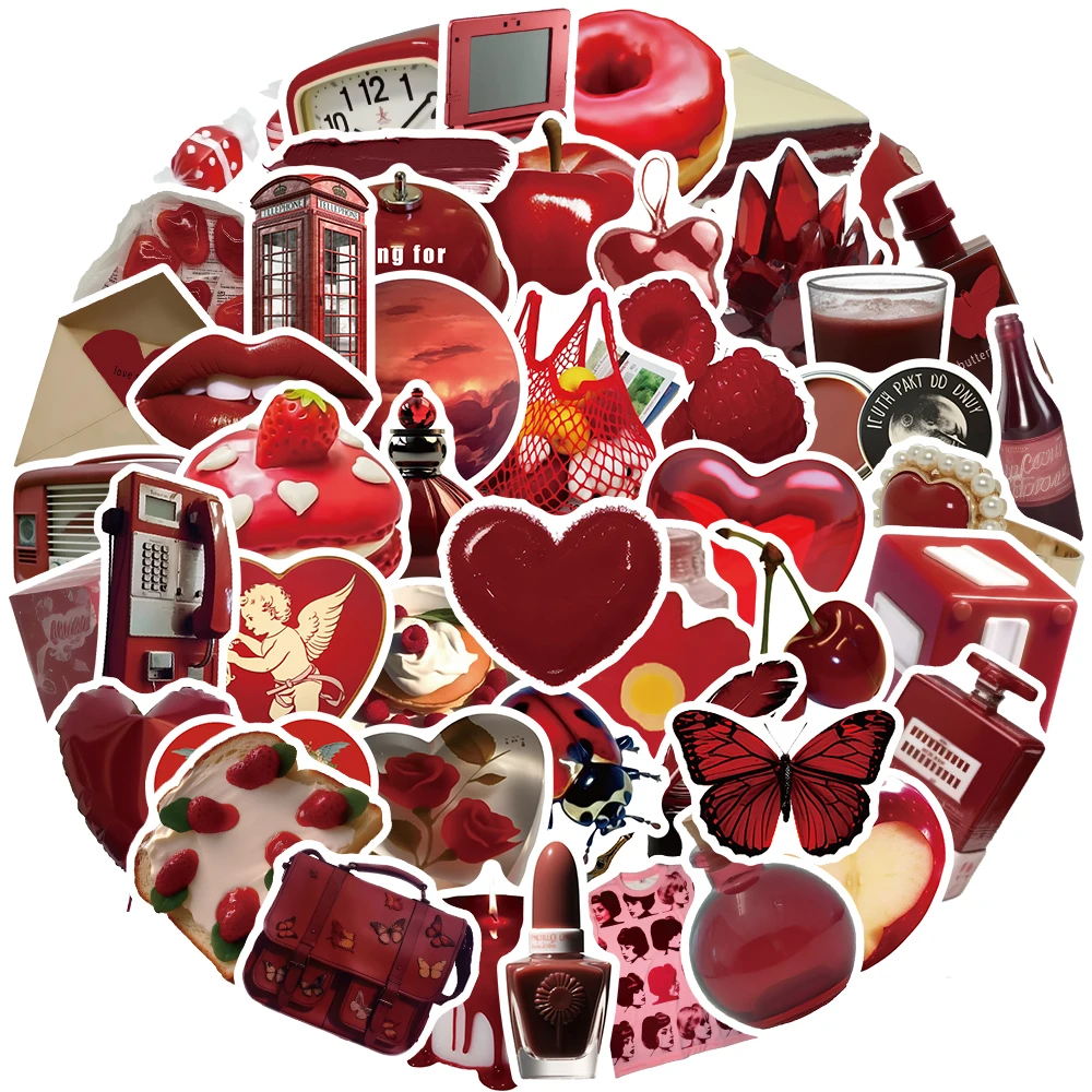 50PCS  INS Style Vintage Red Simple Stickers Aesthetic DIY Decals Water Bottle Laptop Luggage Fridge Scrapbook Diary Stickers